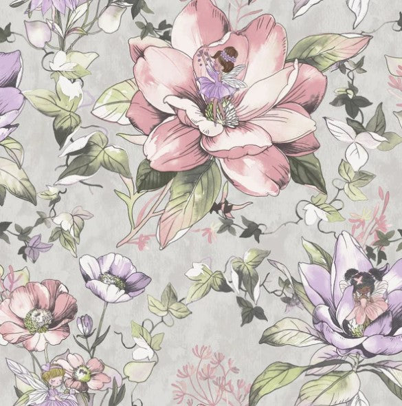 Floral Fairies Flower Grey Wallpaper Sample