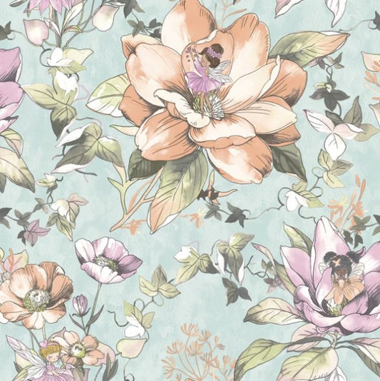Floral Fairies Flower Teal Wallpaper Sample