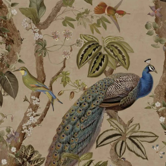 Whispering Peacock Woods Wallpaper - Taupe Sample