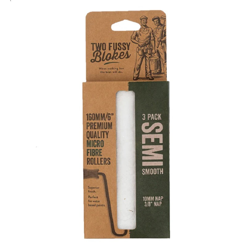 A pack of three Two Fussy Blokes brand 6-inch roller sleeves, displayed in packaging showing the product name and size, with a rotating core roller sleeve visible in front.