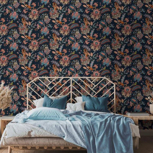 Animal Jacobean Wallpaper Navy Sample