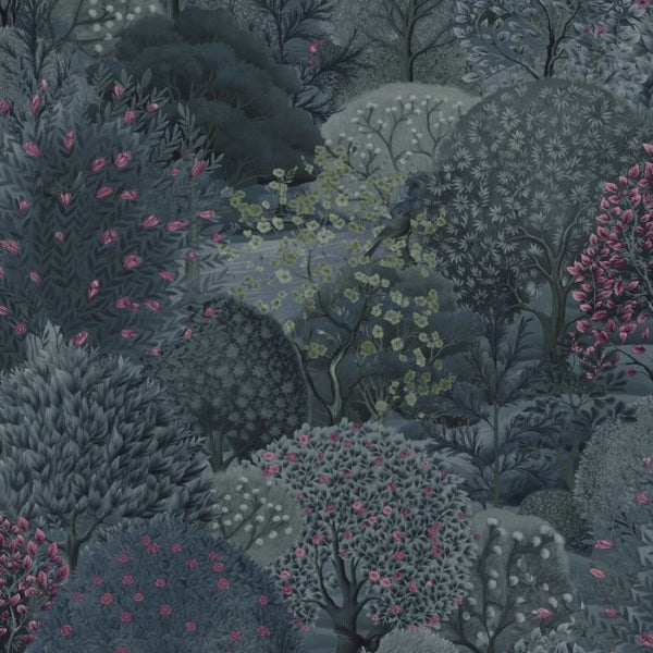 Arboretum Tree Wallpaper - Navy & Berry Sample