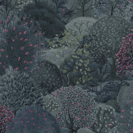 Arboretum Tree Wallpaper - Navy & Berry Sample
