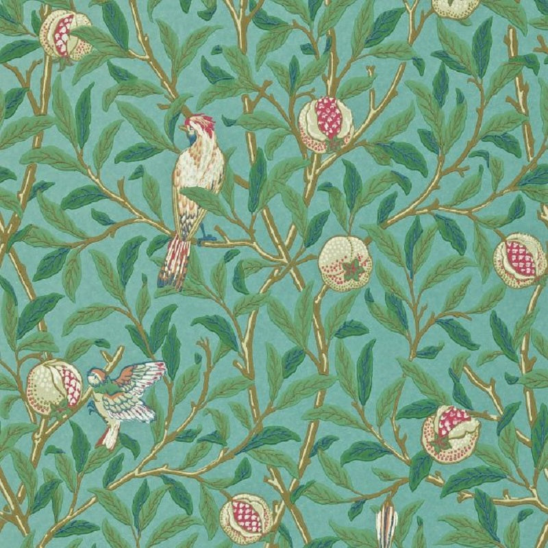 Morris & Co Bird & Pomegranate Wallpaper - Turquoise/Coral Sample