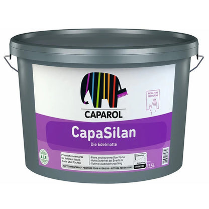 A bucket of Caparol CapaSilan white matt paint with product details visible on the label.
