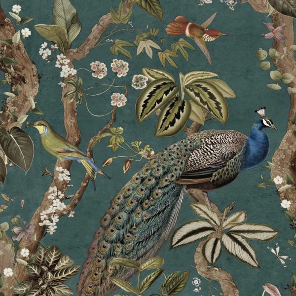 Cassia Peacock Wallpaper - Aqua Sample