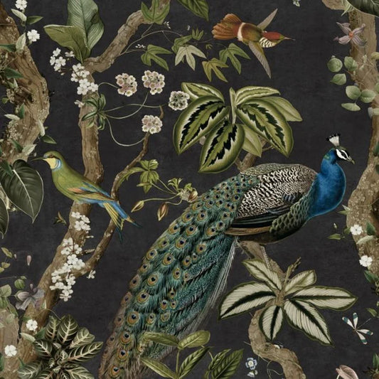 Cassia Peacock Wallpaper - Charcoal Sample