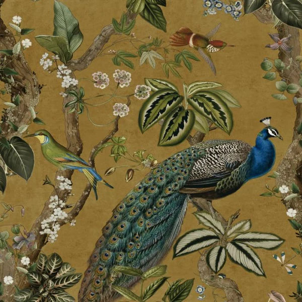 Cassia Peacock Wallpaper - Ochre Sample