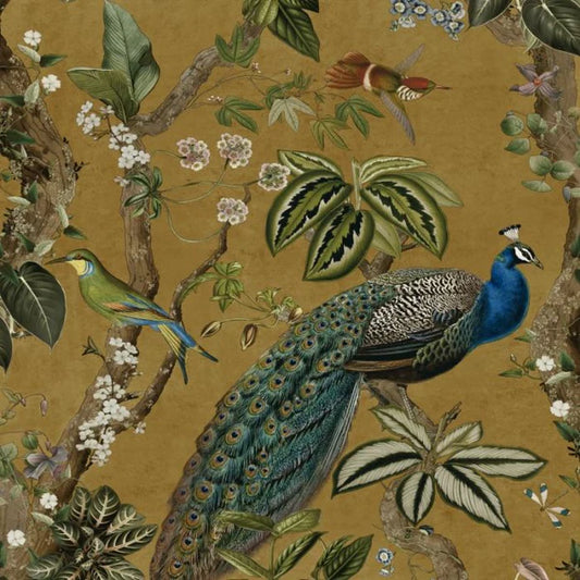 Cassia Peacock Wallpaper - Ochre Sample