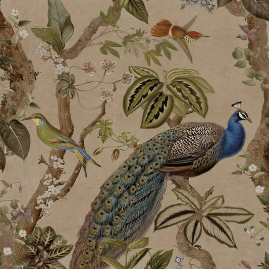Cassia Peacock Wallpaper - Taupe Sample