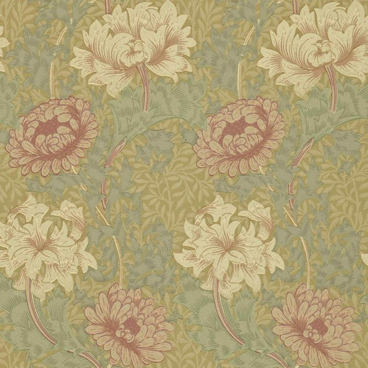 Morris & Co Chrysanthemum Wallpaper - Pink/Yellow/Green Sample