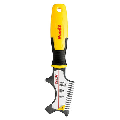 A Purdy brush/roller cleaner with a yellow handle, black grip, and stainless steel cleaning blades.
