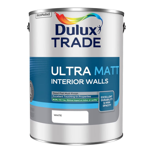 A Dulux Trade paint can for Ultra Matt Interior Walls, showing the white paint colour on the front label, set against a plain white background.