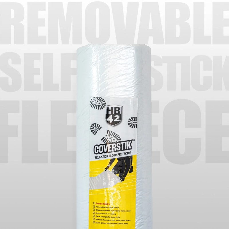 A roll of HB 42 Coverstik self-adhesive floor protector, featuring a white roll with a yellow and black label, set against a light gray background with faint watermark text.