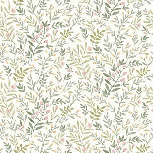 Inia Leafy Trail Wallpaper Sage & Pink Sample