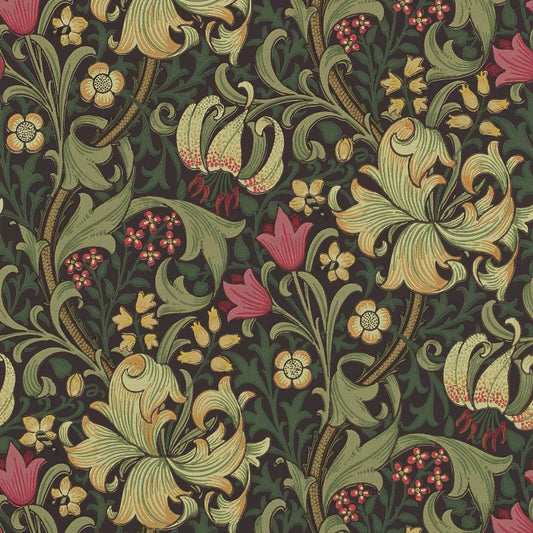 Morris & Co Golden Lily Wallpaper - Charcoal/Olive Sample