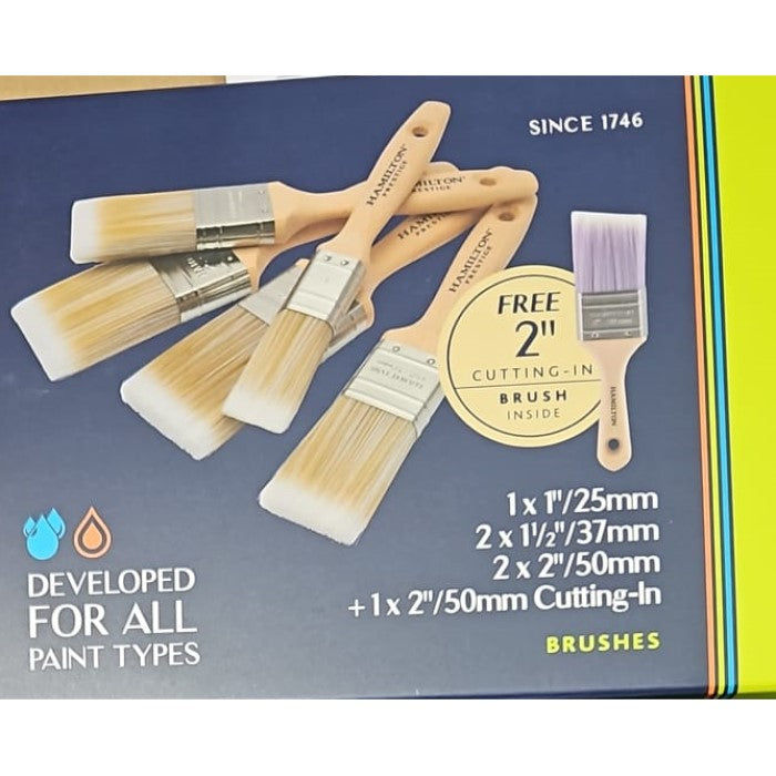 Packaging of paint brushes with sizes and a free brush offer on a blue background