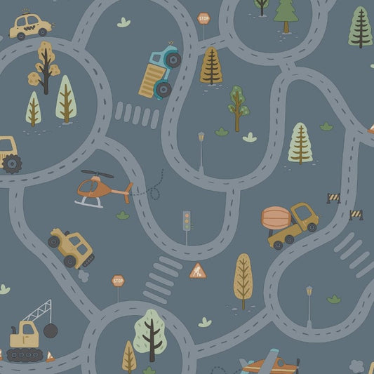 Roundabout Road Wallpaper - Denim Blue Sample
