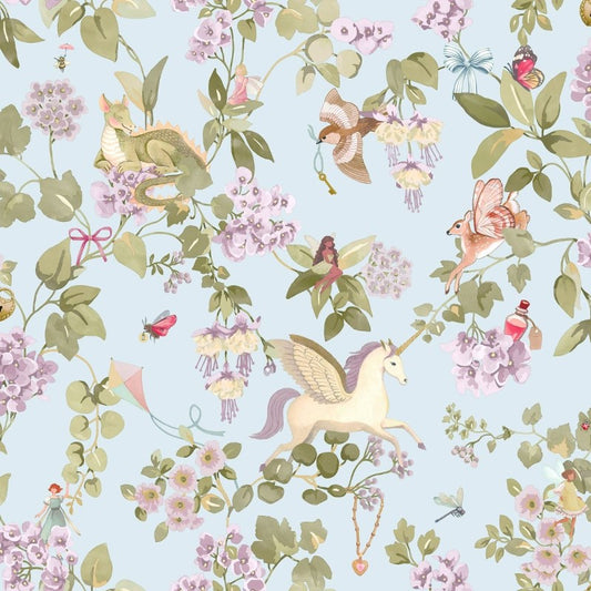 Away With The Fairies Floral Wallpaper - Sky Blue Sample