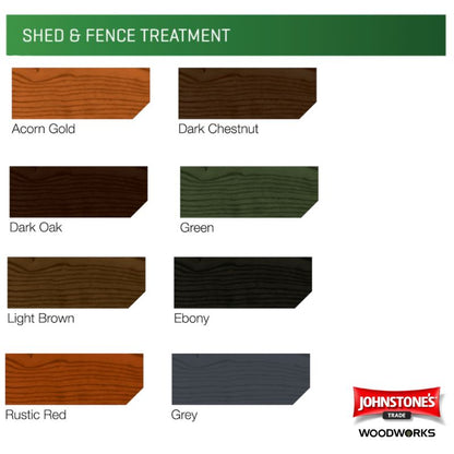 A colour  chart titled 'SHED & FENCE TREATMENT' showing multiple wood-look finish swatches with labels: Acorn Gold, Dark Chestnut, Dark Oak, Green, Light Brown, Ebony, Rustic Red, and Grey.