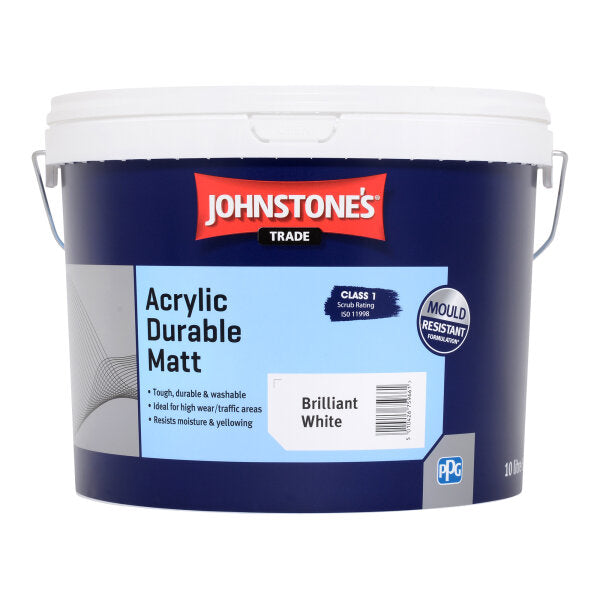 Save 5% when you buy 2 Johnstone's Trade Acrylic Durable Matt Paint - Brilliant White 10L - Buy Bulk Deals