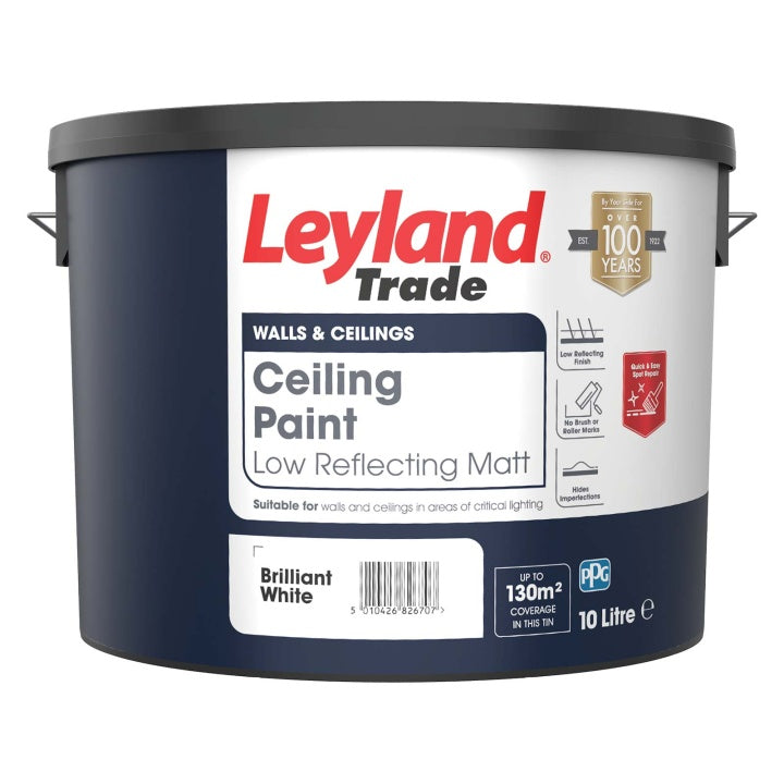 Leyland Trade ceiling paint container with label on a white background