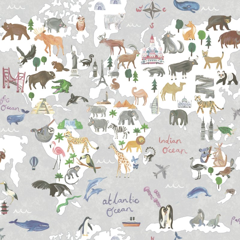 Kids Animal Maps Grey Wallpaper