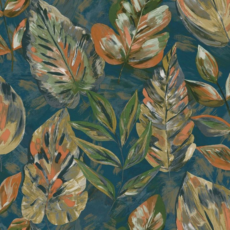 Aralia Leaf Printed Metallic Wallpaper Teal/Orange