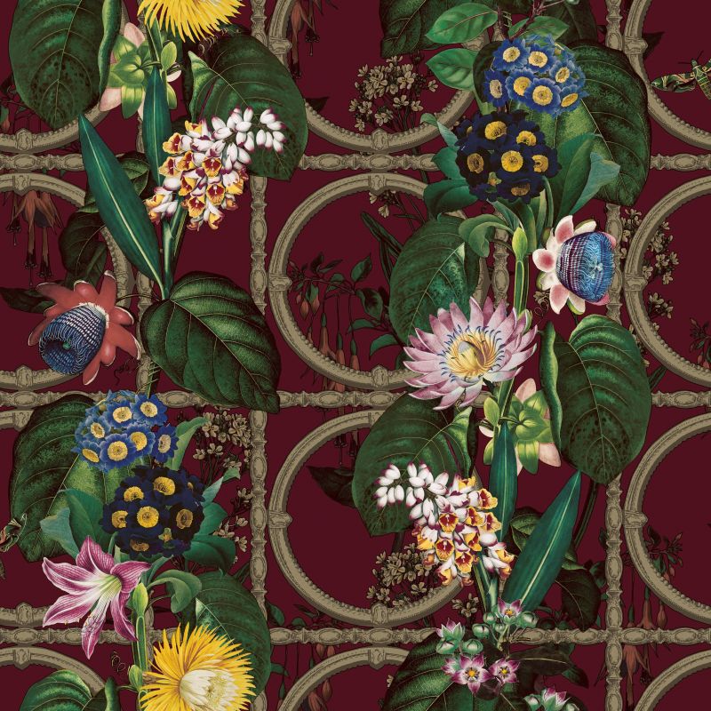 Alata Bold Floral Metallic Wallpaper Burgundy