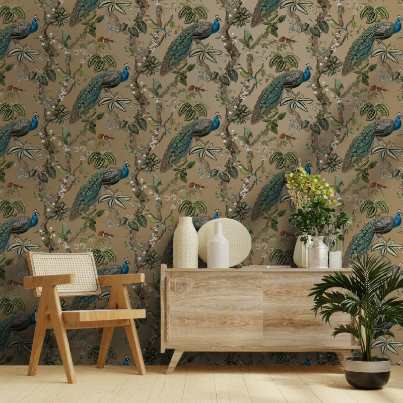 Cassia Peacock Wallpaper - Gold