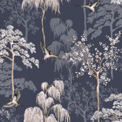 Japanese Garden Oriental Tree and Bird Blue Wallpaper