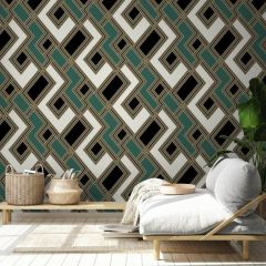 Fabric Geometric Printed Wallpaper Green and Gold