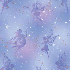A blue and light pink background with stars and rose gold stars subtly all over the surface with various purple-coloured fairy silhouettes all over the surface.