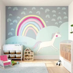 Origin Rainbow Unicorn Wall Mural Mint/Grey
