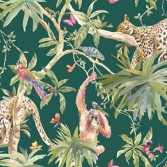 Orangutan Jungle Tropica Wallpaper Green with orangutans, leopards and parrots across strings of trees, leaves and flowers with butterflies floating throughout.