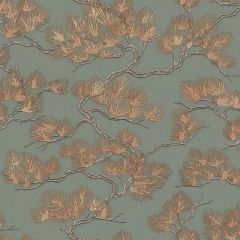 Oriental Pine Tree Metallic Sage Green And Gold Wallpaper 