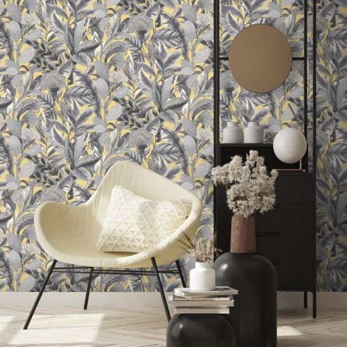 Botanical Floral and Leaf Wallpaper Yellow/Grey 