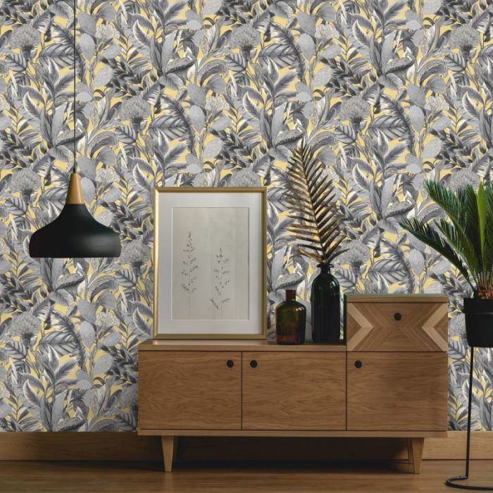 Botanical Floral and Leaf Wallpaper Yellow/Grey 