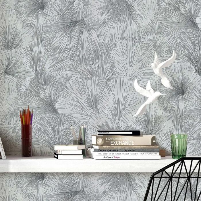 Textured Gingo Oriental Leaf Wallpaper Grey