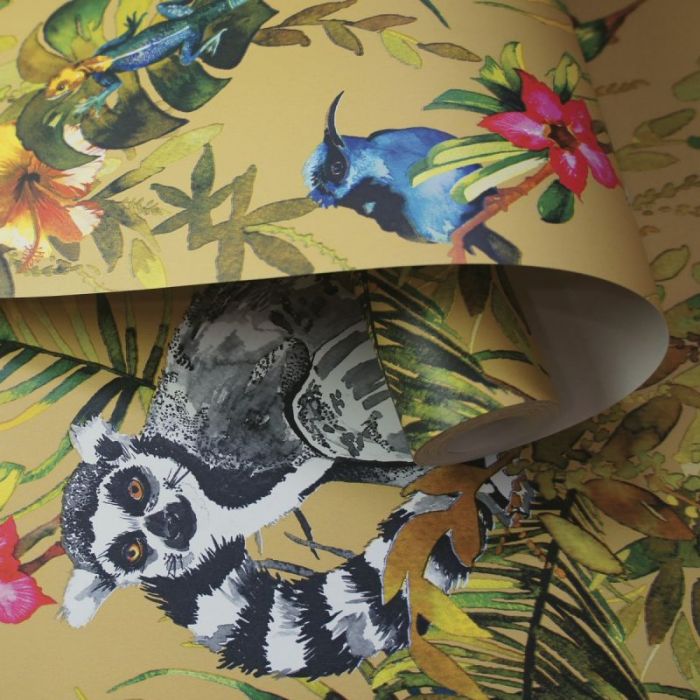 Lemur Jungle Metallic Wallpaper Ochre