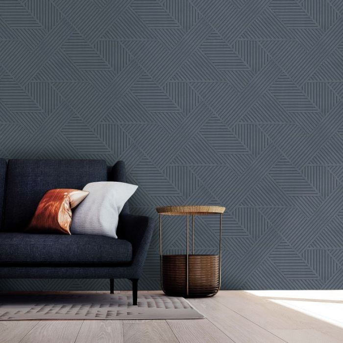 Wood Geo Panelled Wallpaper Navy