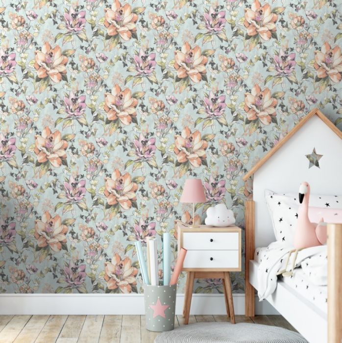 Floral Fairies Teal Wallpaper 