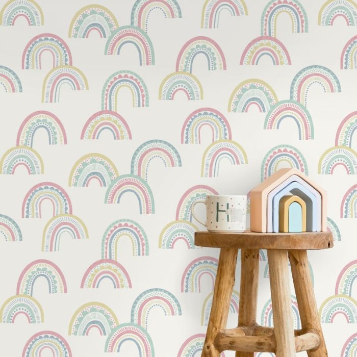 Boho Rainbow Wallpaper - Pink/Duck Egg