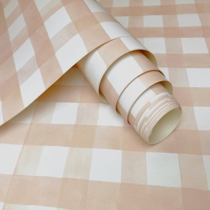 Watercolour Gingham  Soft Coral Wallpaper