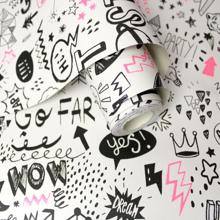 Kids Doodle Wallpaper - White/Neon Pink