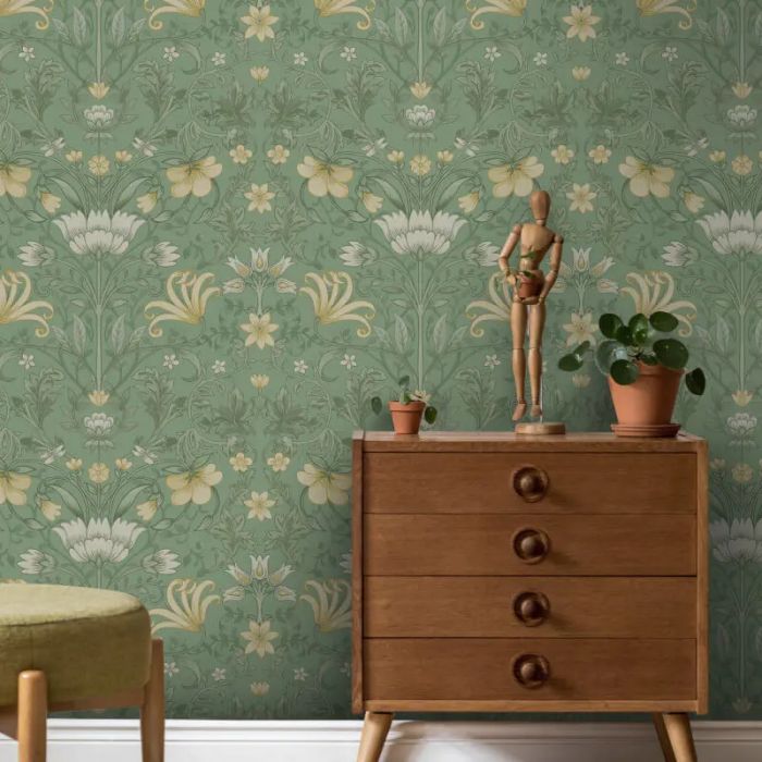 Vintage Floral Wallpaper Green
