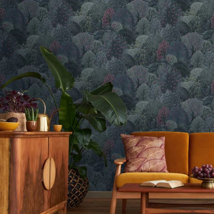 Tree Tapestry Wallpaper - Navy/Berry