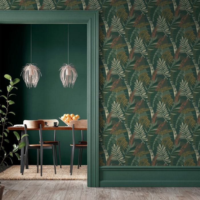 Sarika Metallic Leaf Wallpaper - Green/Orange