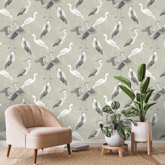 Heron Bird Oriental Soft Green Wallpaper