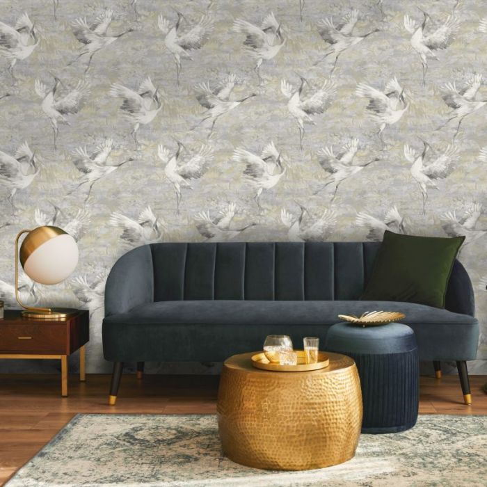 Sarus Crane Metallic Wallpaper Grey